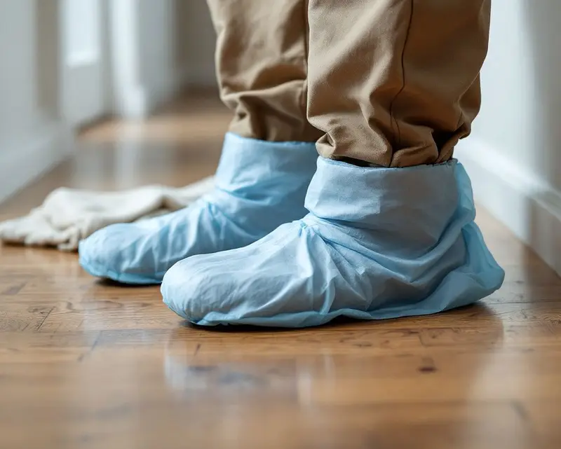 Work boots in blue shoe covers on an old oak floor
