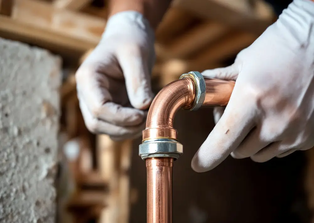 Gloved hands fitting a new copper elbow onto a water line in an unfinished basement