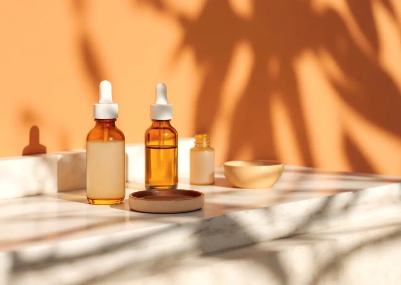 Unlabelled amber dropper bottles and a ceramic dish on a travertine ledge in hard desert sun