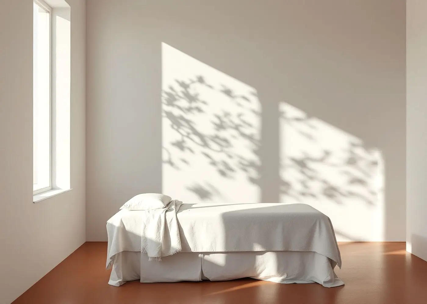 A white plaster treatment room with a linen-made bed, a terracotta floor and branch shadows across the wall