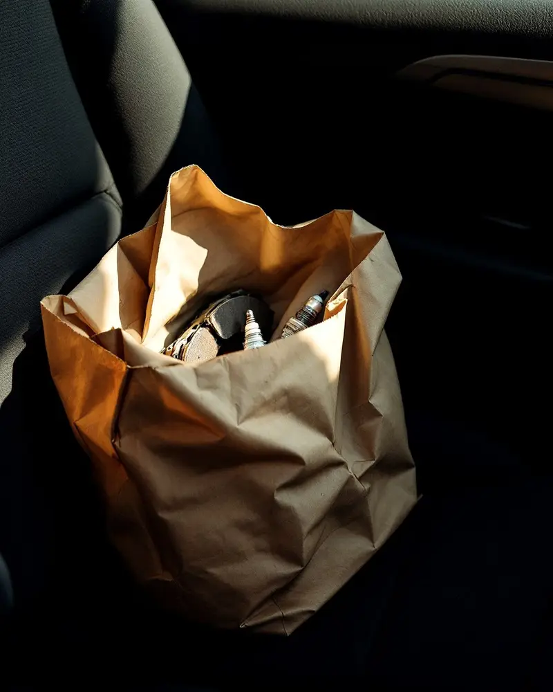 A brown paper bag of old brake pads and a spark plug on a car's passenger seat