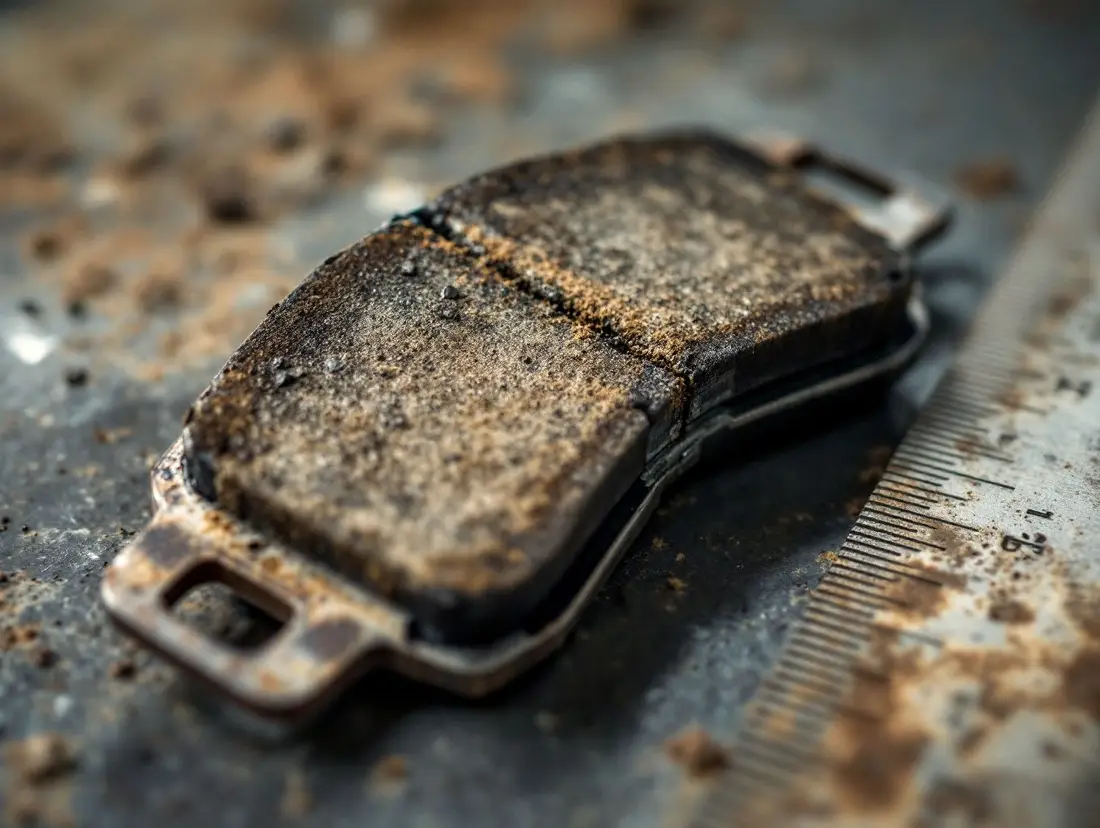 A worn brake pad with almost no friction material left, lying on a steel bench beside a ruler