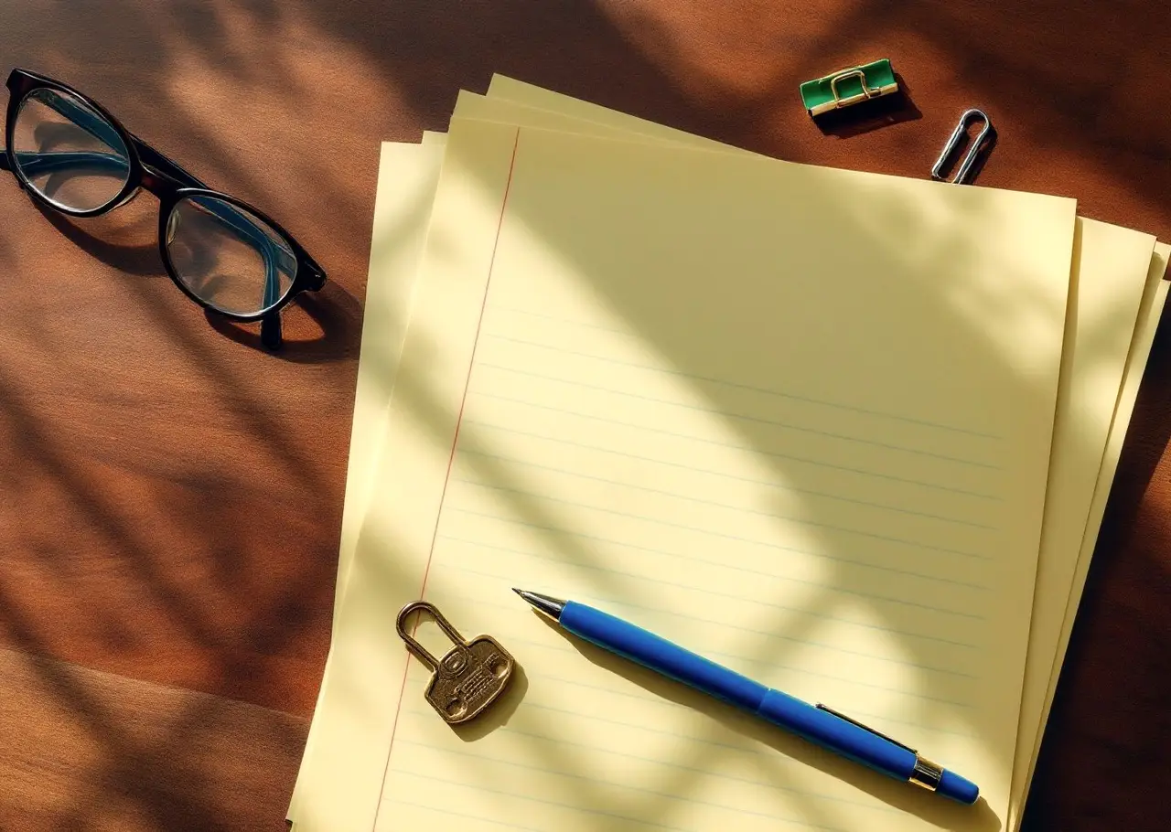 A blank yellow legal pad and a blue ballpoint pen on a walnut desk in morning light